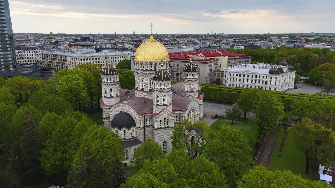 Riga Nativity of Christ Orthodox Cathedral In Esplanade Park, Riga, Latvia. Aerial Drone Shot