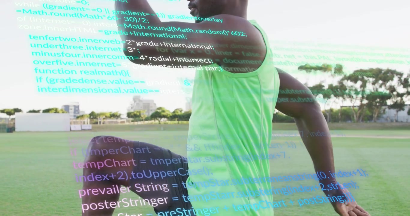 Animazione di linguaggio informatico su un uomo afroamericano che fa esercizio a terra