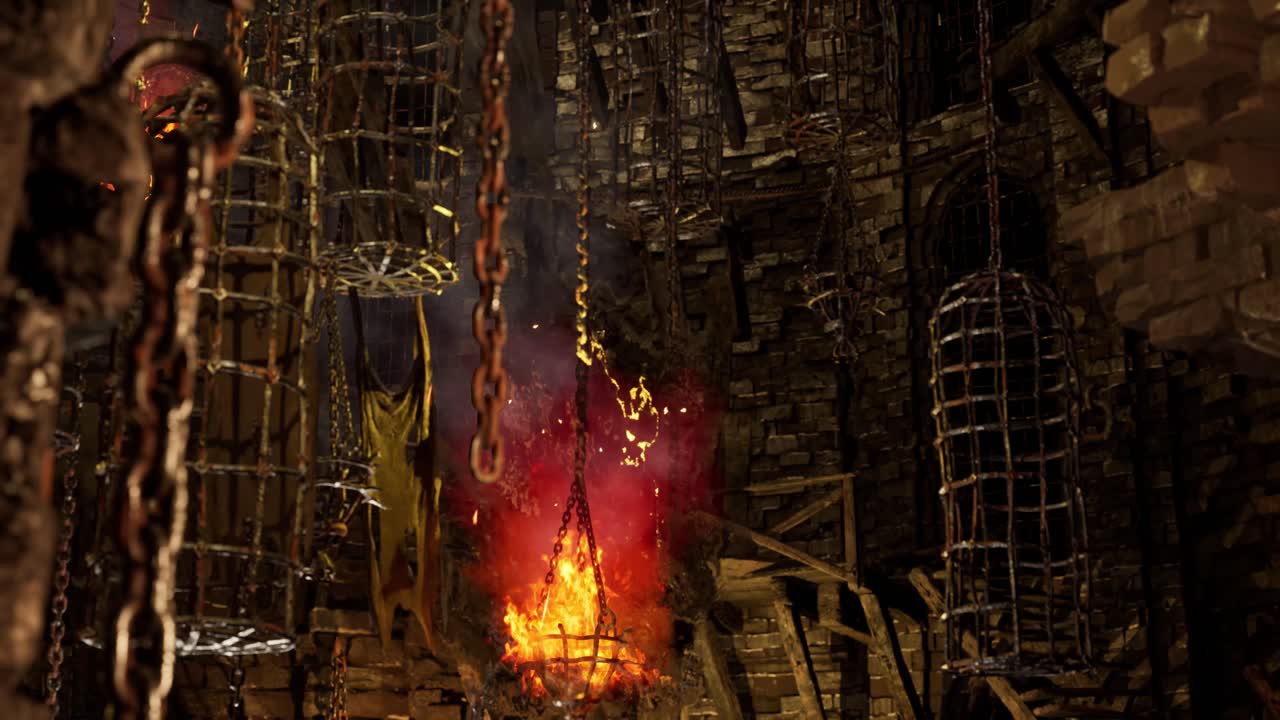 Scary dark dungeons with stone walls, old barrels, chains, car wheels, iron doors, and fire, 3D animation