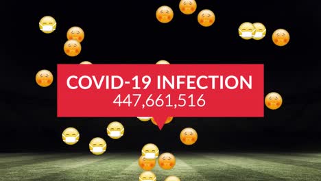 Animation-of-emoticons-in-face-masks-and-increasing-number-of-covid-infections-over-sports-stadium