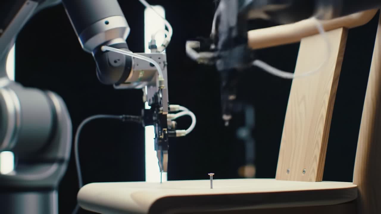 Robotic Systems Engaged in Assembly Process on a Wooden Chair, Demonstrating Precision and Automation in Modern Manufacturing Technology