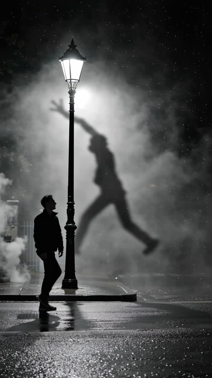 A man walking under a street light with a mysterious shadow