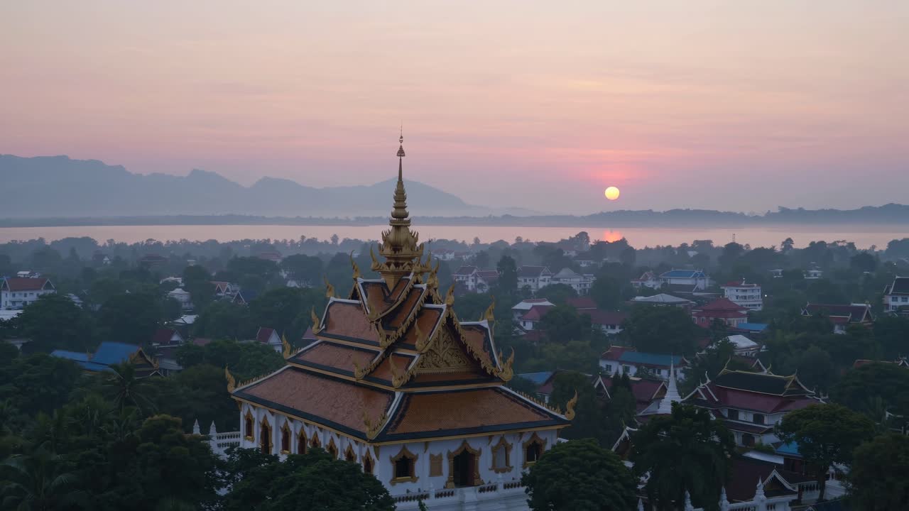 Aerial video captures a temple at sunrise, showcasing intricate architecture against a serene