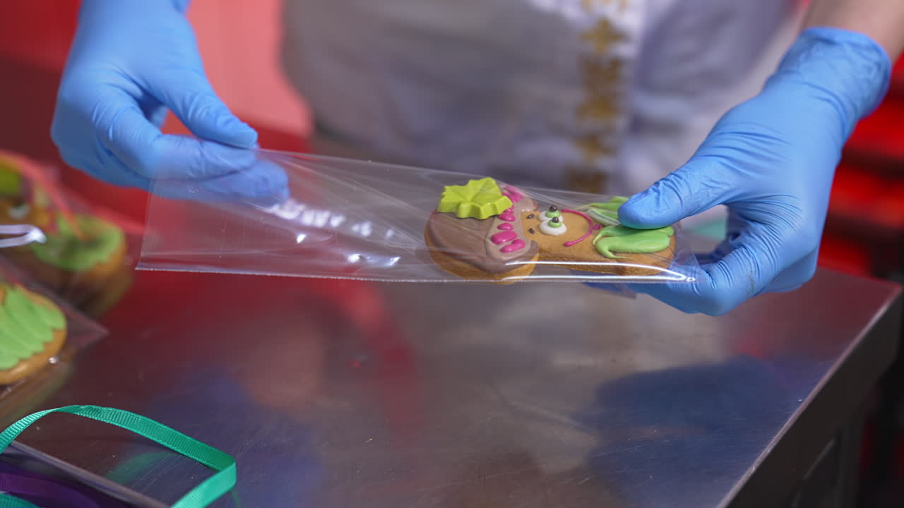 Packaging the ready-made sweets into plastic bags. Confectioner puts cookie of mushroom-shape into individual packaging. Close up.