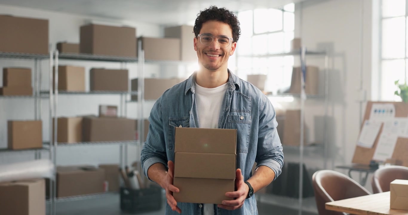 Jovem segurando caixa de papelão em armazém