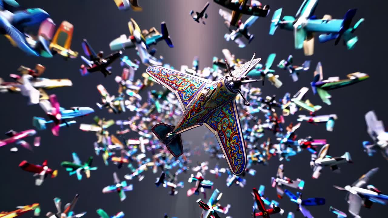 Colorful aircraft swirl in dynamic motion, showcasing a vibrant aerial dance of miniature planes in a captivating visual spectacle