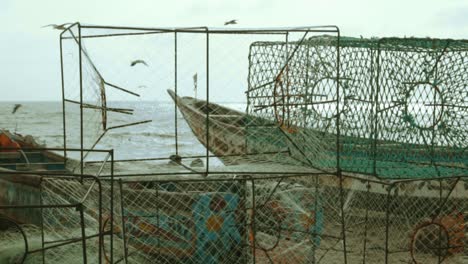 stock video footage cage fish at the beach, lobster cage