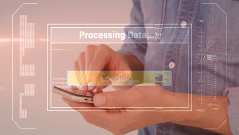 animación del procesamiento de datos sobre un hombre caucásico usando un teléfono inteligente