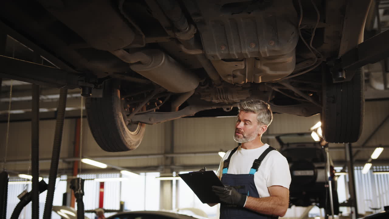 mecánico inspeccionando el tren de aterrizaje de un automóvil