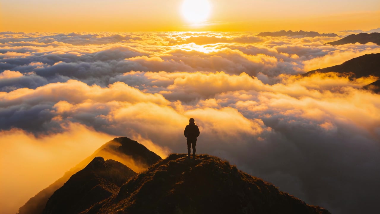 Excursionista de pie observando un mar de nubes mientras el amanecer ilumina el cielo en la cima rocosa, vistiendo chaqueta oscura.