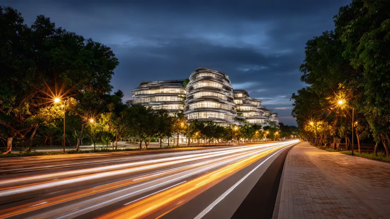 A Stunning Night View of Modern Architectural Structures Surrounded by Lush Greenery and Bright Street Lighting Illuminating a Busy Urban Roadway