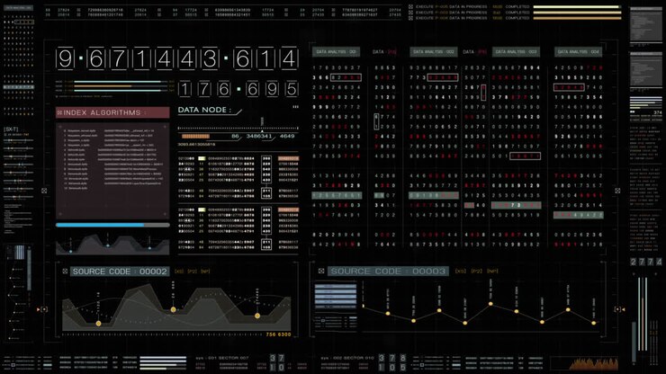 Futuristic source code digital data telemetry motion graphic display screen with user interface display for digital background computer desktop display screen with alpha channel