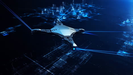 futuristic drone flying over a glowing digital network landscape