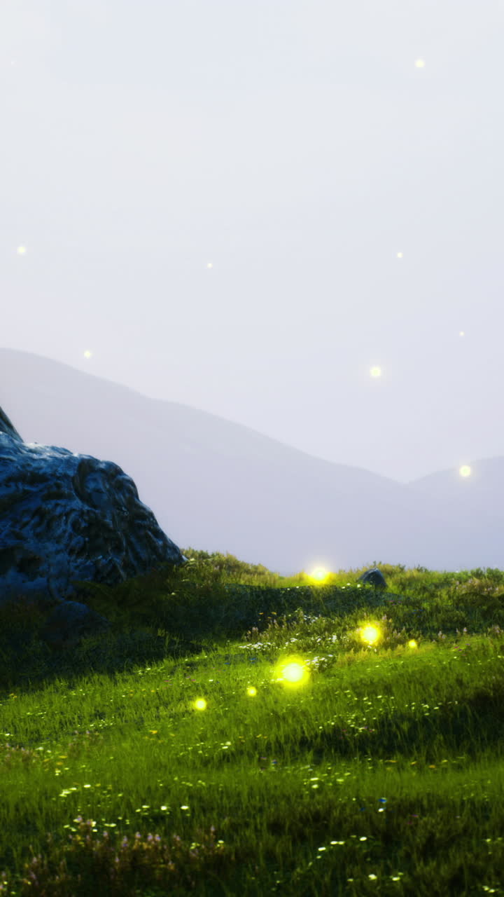 Golden lights illuminate rocky terrain at twilight across rolling hills