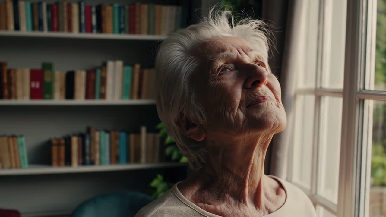 mujer mayor junto a la ventana