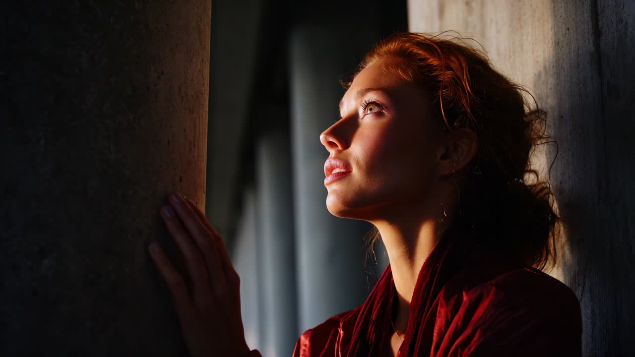 A Young Woman with Red Hair Gazes Upward in Contemplation Under Warm Natural Lighting, Captured Amidst Concrete Pillars, Evoking a Sense of Wonder and Intrigue in a Dreamlike Atmosphere