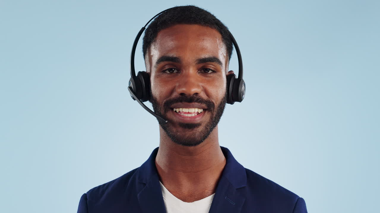 Telemarketing, headset and face of black man