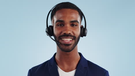 telemarketing, headset and face of black man
