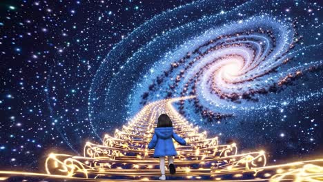 surreal animation of a child walking a golden stairway across the universe to reach a spiral galaxy, a metaphor for achieving goals and dreams