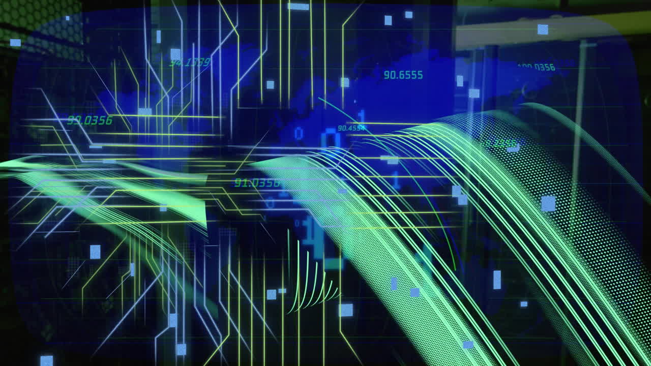 Animation of data processing and circuit board connections over black background