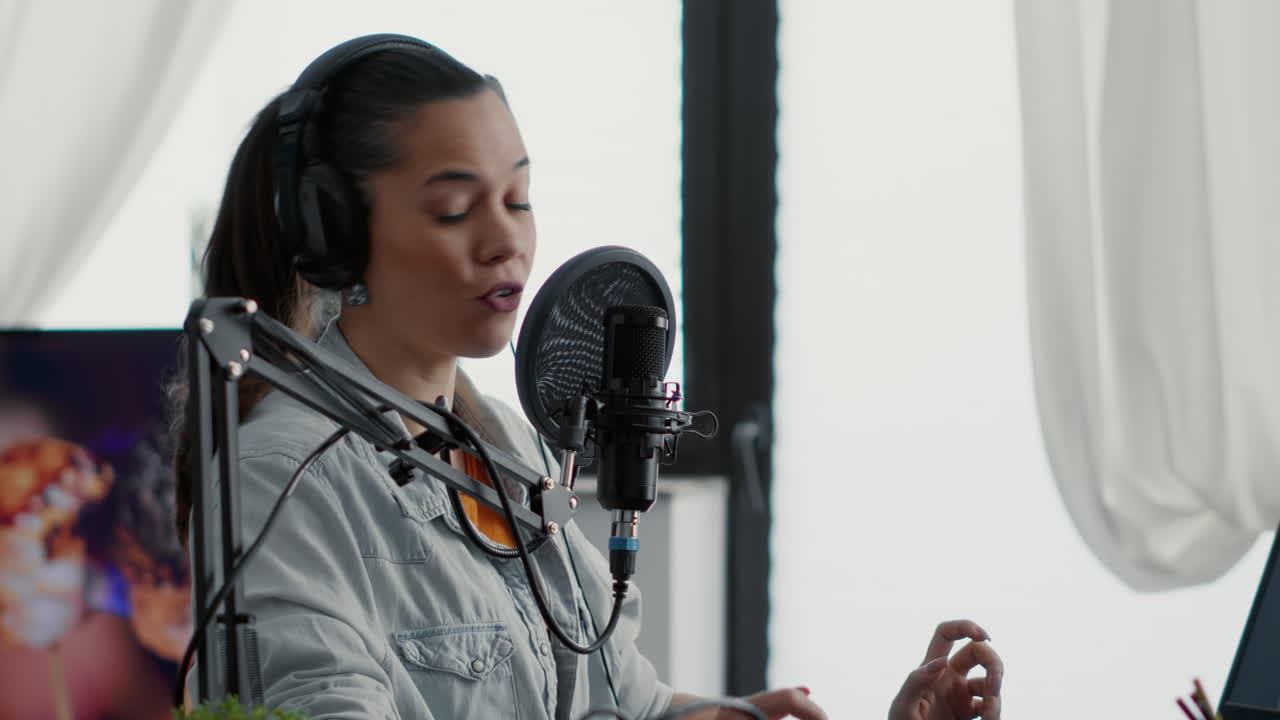 Creative podcast host sitting in studio at desk while talking to audience