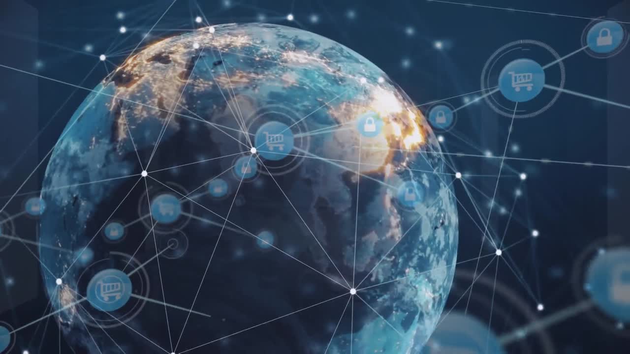 анимация соединенных икон и освещенных соединенных точек с цифрами по всему миру