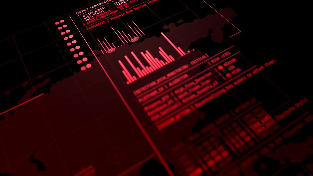 An intense red cyber security HUD interface showing live cryptocurrency market manipulation, hacking metrics, and decentralized botnet system logs.