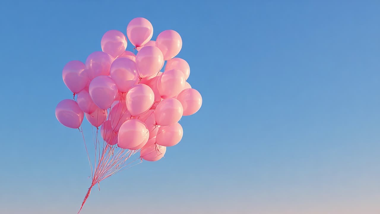 A Delightful Collection of Pink Balloons Soaring in a Clear Blue Sky, Adding a Touch of Whimsy and Joy to the Scene with Their Lightness and Vibrant Color