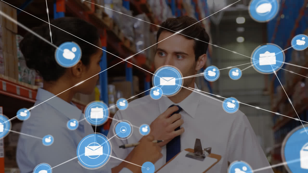 animación de la red de conexiones entre diversos trabajadores en el almacén