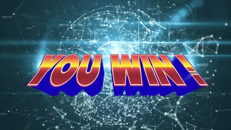 Animation of you win over globe, connections and lights on green background