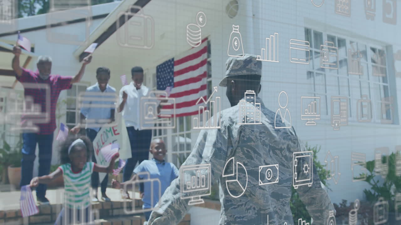 Animation of business icons over african american male soldier being greeted by family