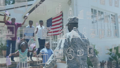 animation of business icons over african american male soldier being greeted by family