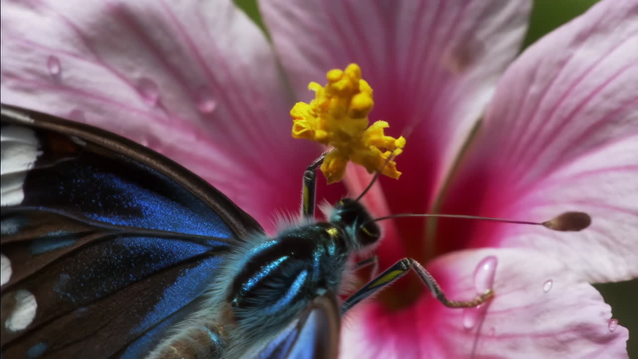 Close-up of a Blue Butterfly on a Pink Flower with Water Droplets