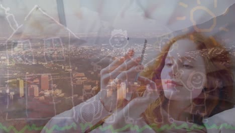 Animation of cityscape over caucasian businesswoman using smartphone
