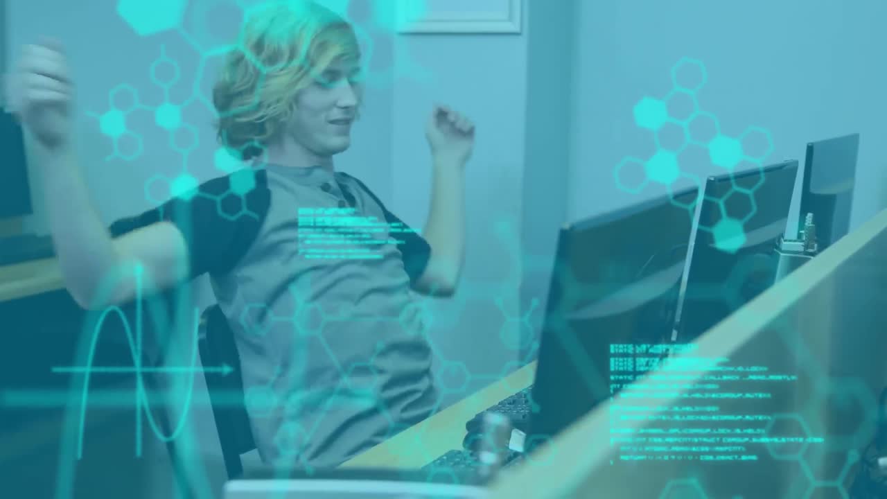 Animation of data processing over male student using computer