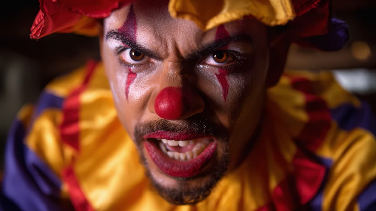 Intense Clown Portrait: A Close-Up View of a Clown Displaying Strong Emotions Through Bold Makeup and Expressions, Capturing the Dark Side of Performance Art