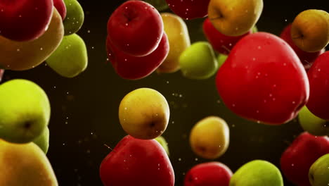 Clearly-clean-colorful-apples-with-water-droplets-falling-down-in-front-of-the-blurry-background.-Slow-motion-computer-generated-imagery-presenting-realistic-looking-fruits-in-the-air.-Loopable.-HD