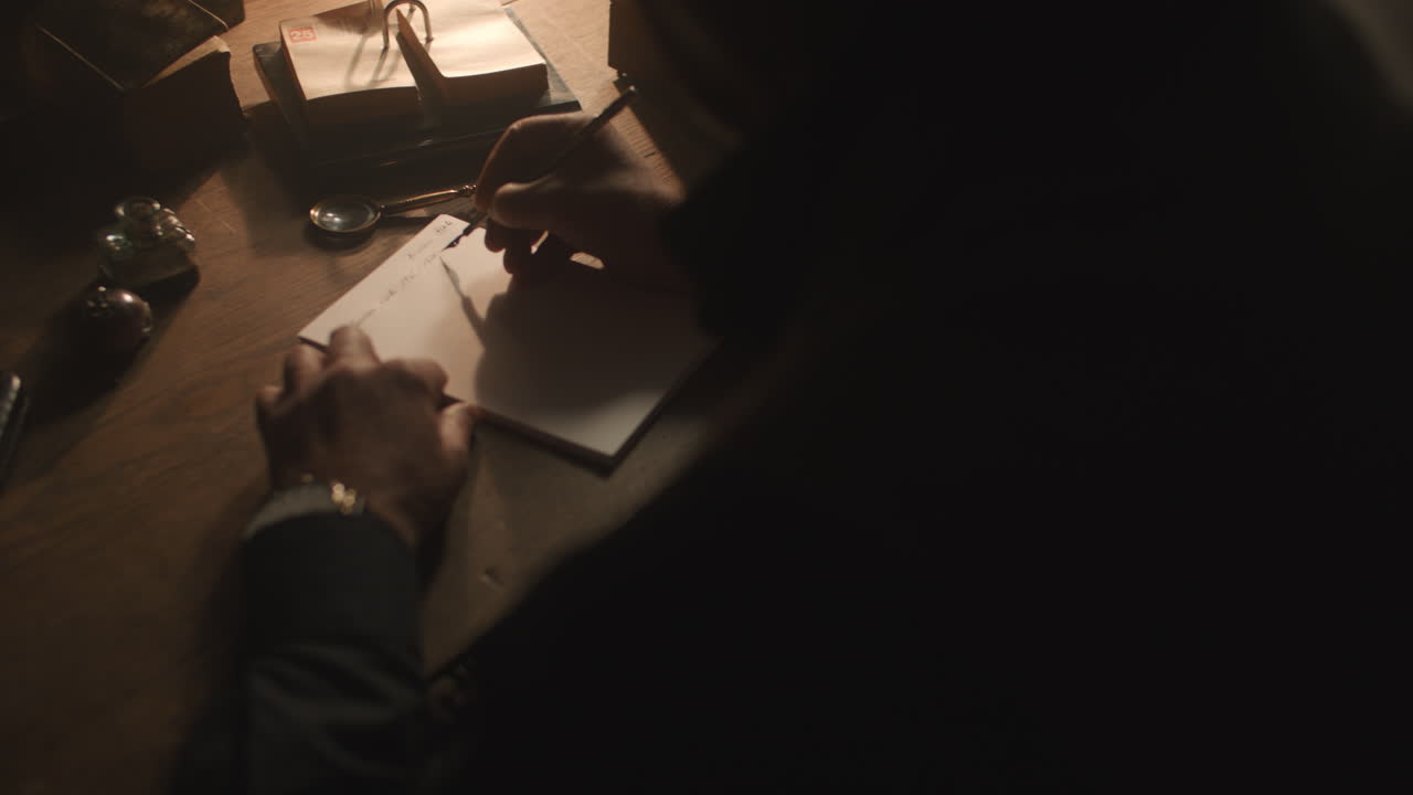 Old passionate man writes a letter in his office at night