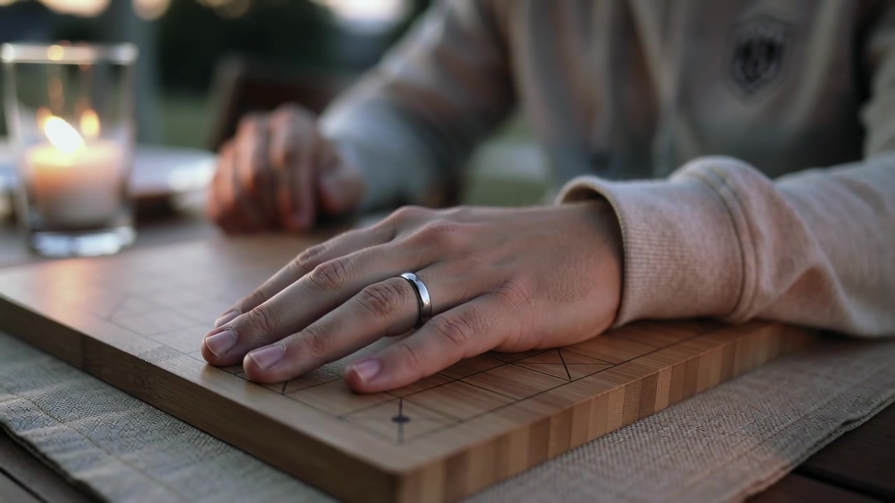 Pulling camera back, revealing right hand resting on board at dusk with sleeve, candle, silver ring