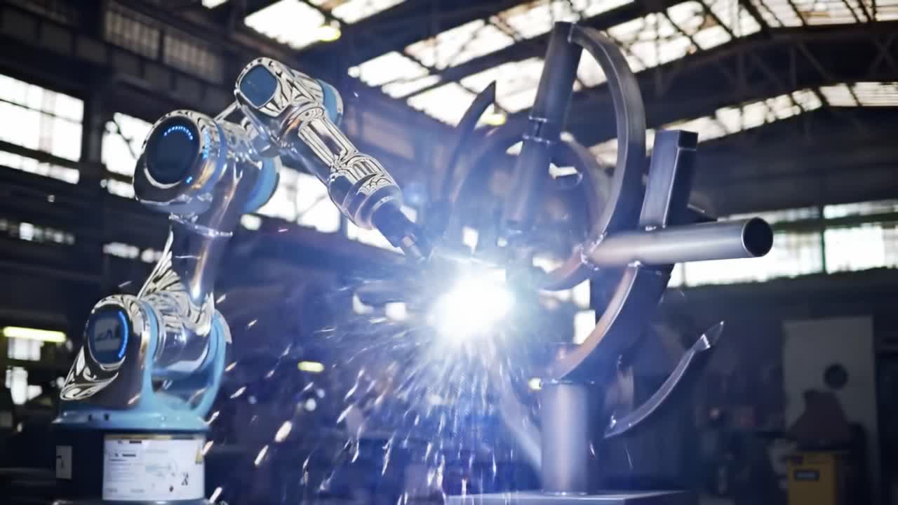 A robotic arm skillfully welds metal components in a spacious workshop. Sparks fly as the machine demonstrates its advanced capabilities in automation and metal fabrication.