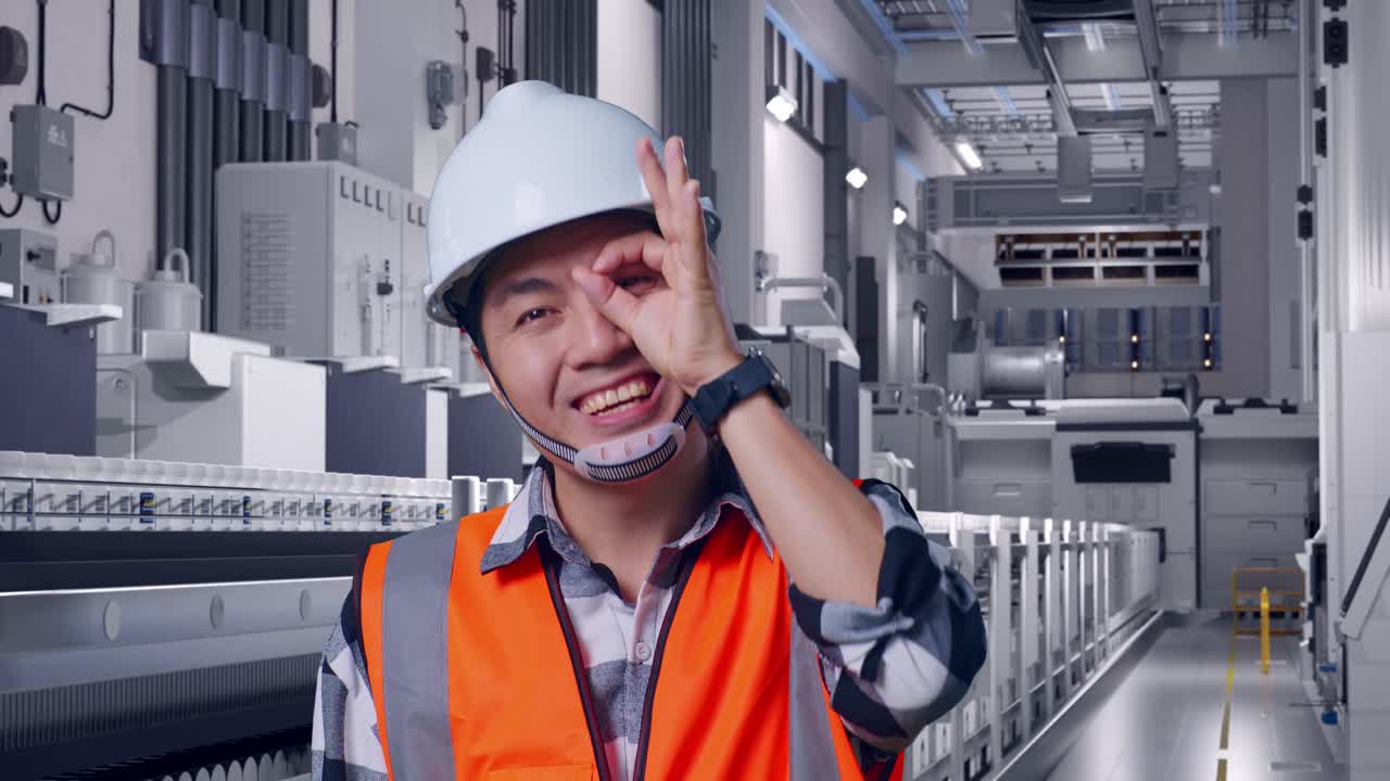 Close Up Of Asian Male Engineer With Safety Helmet Showing Ok Hand Sign Over Eye And Smiling To Camera While Standing At Pharmaceutical Factory, Vaccine Production Facility