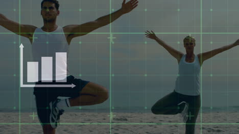 animación de una pantalla digital con datos financieros sobre una mujer y un hombre caucásicos practicando yoga
