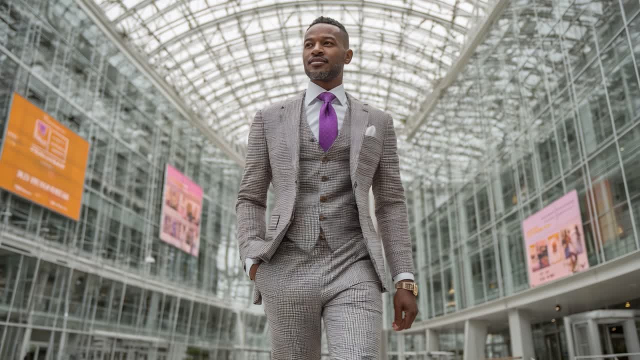 Confidently Striding in Modern Elegance, a Man Dressed in a Stylish Suit Captures Attention Among An Architectural Glass Atrium with Vibrant Advertisements