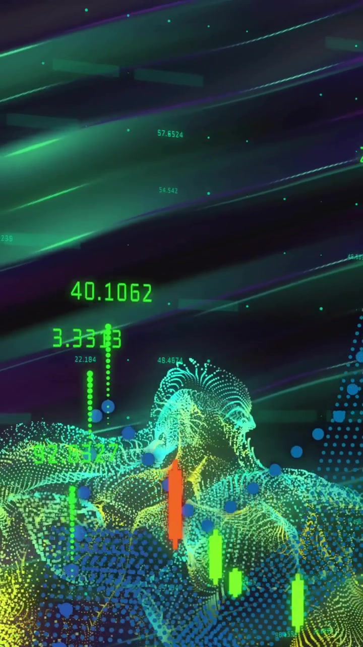 Animation of data processing over light trails on black background