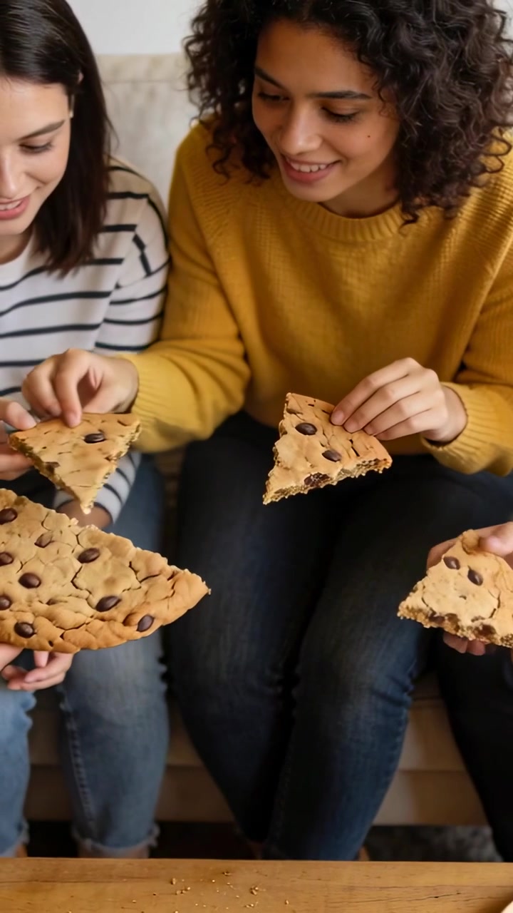 Video verticale: Amici che si tirano sul divano condividendo spicchi di biscotti pretagliati, con maglia gialla e top a righe.