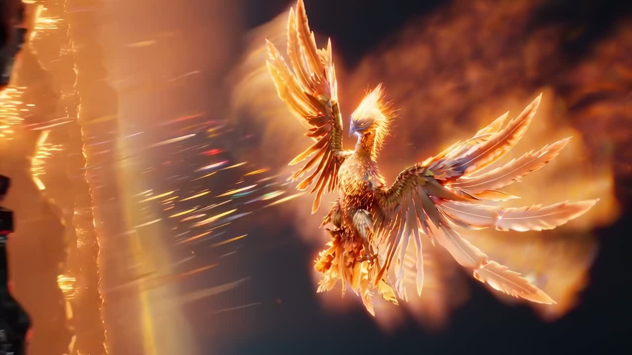 Fenice epica che risorge dalle fiamme, ripresa con un'inquadratura dal basso, perfetta per temi video fantasy