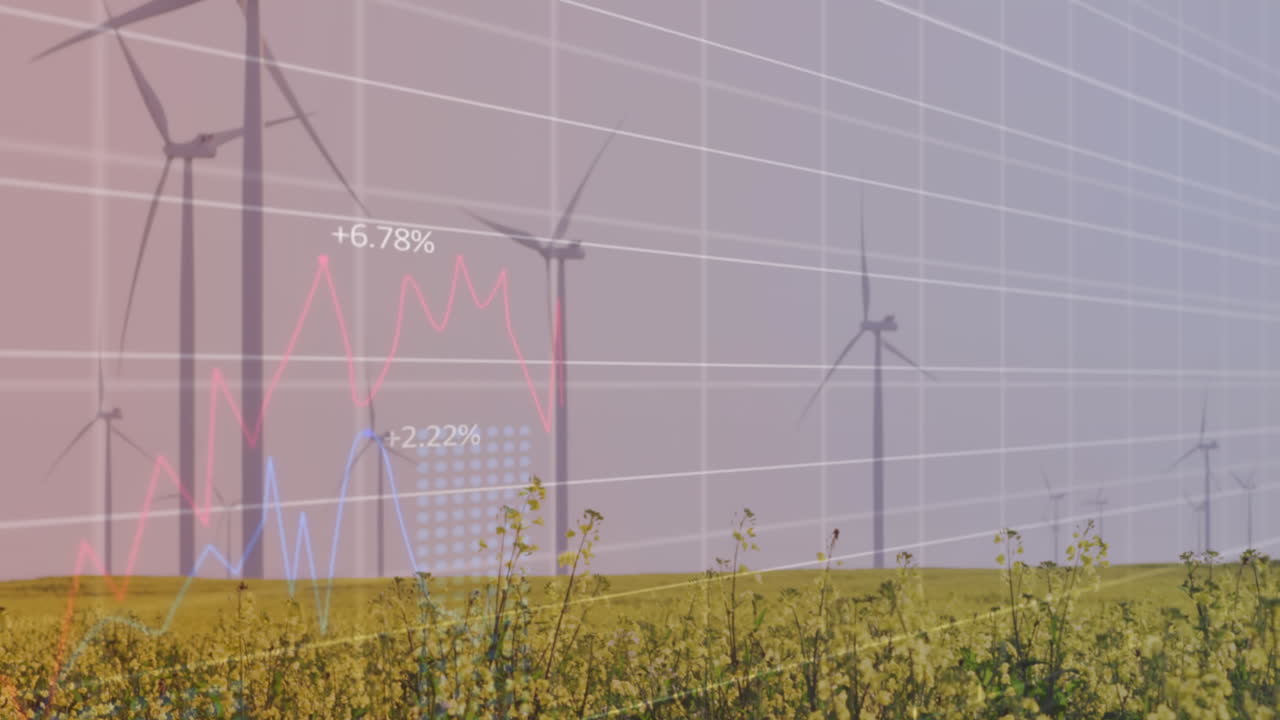 회색 하늘을 배경으로 초원에서 회전하는 풍차 위에서 통계 데이터 처리의 애니메이션