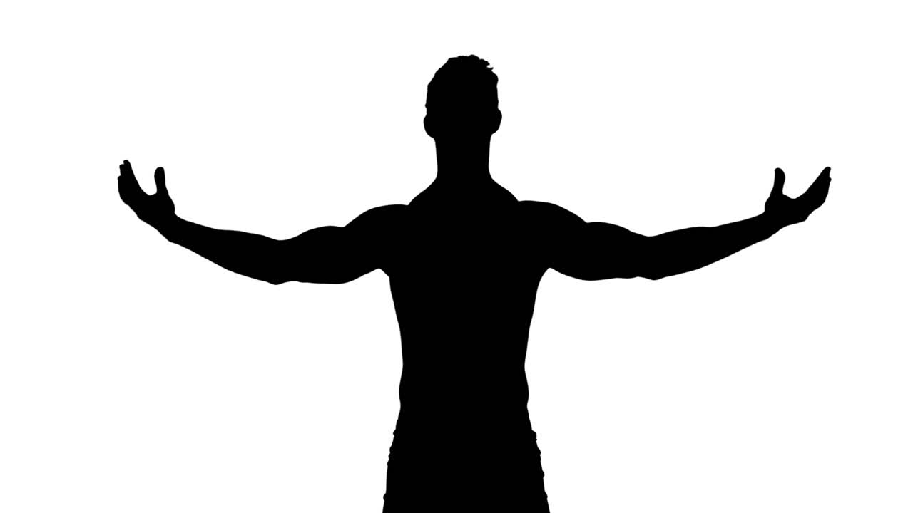 근육질 의 남자 가 팔 을 펴고 있는 뒤쪽 의 모습