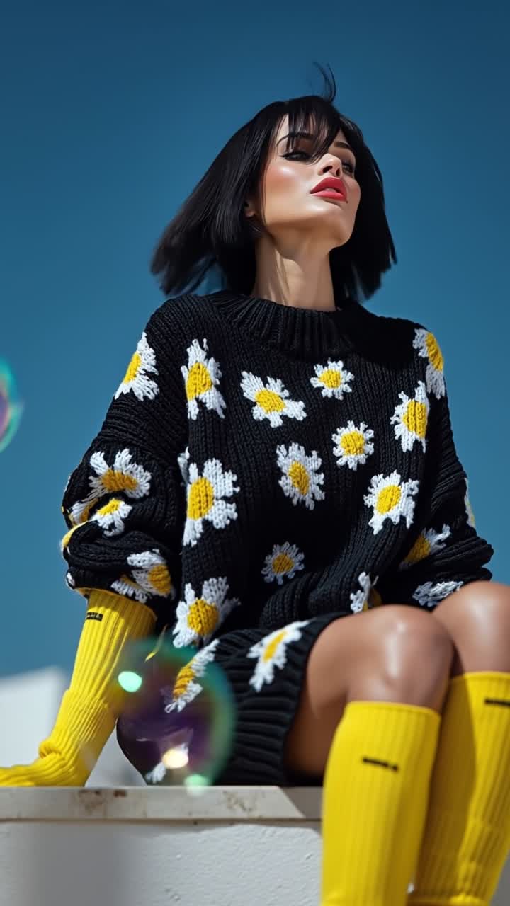 Gadis bergaya dengan rambut bob hitam mengenakan sweter motif bunga aster dan kaus kaki kuning