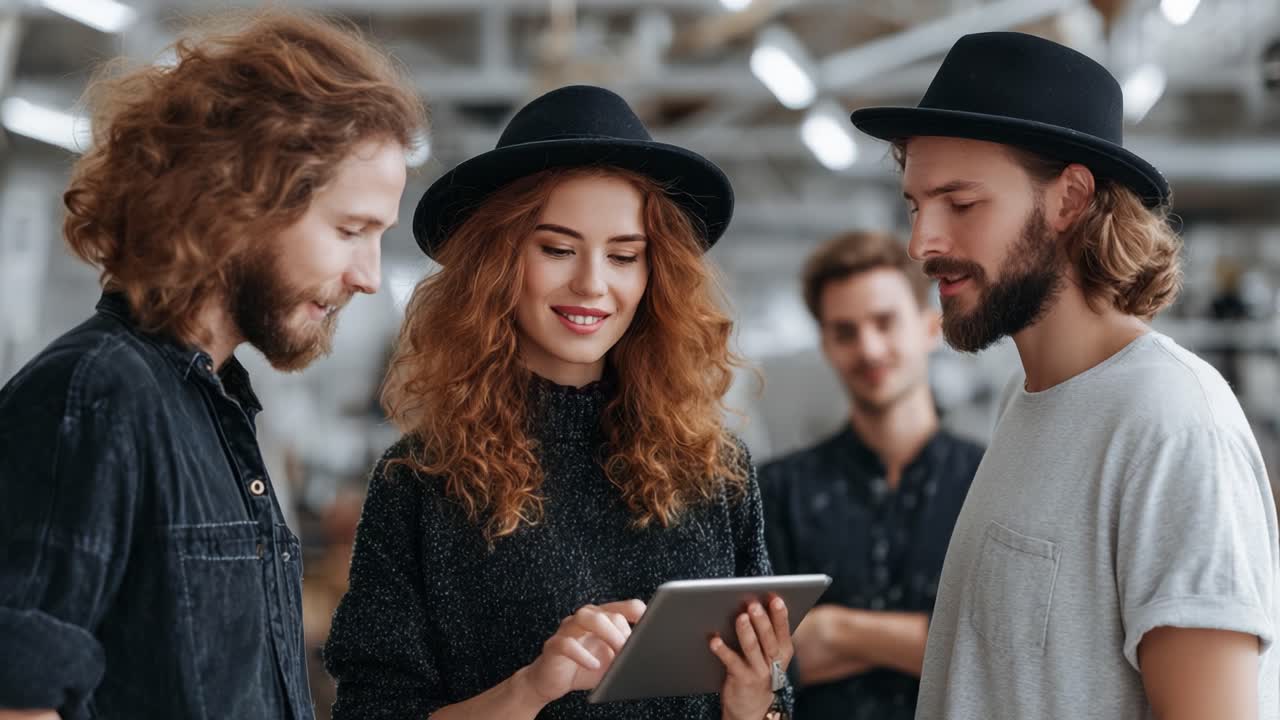 A Group of Young Adults Engaging with a Tablet Device in a Creative Workspace: Collaboration and Creativity Flow Among Friends as They Share Ideas with Smiles